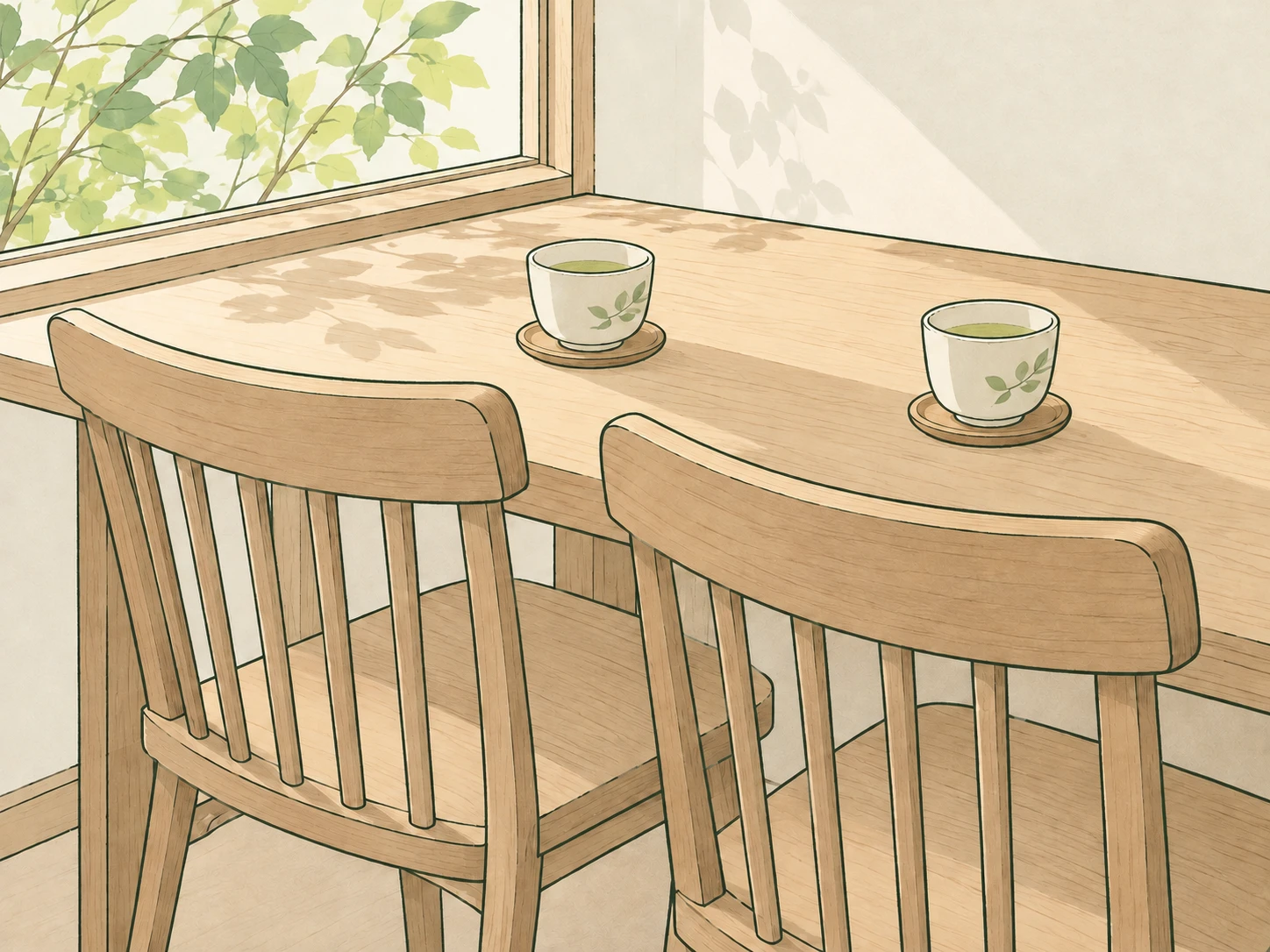 窓辺の卓に並んだ2脚の椅子と、2つの湯のみのイラスト(実際のホームではありません)